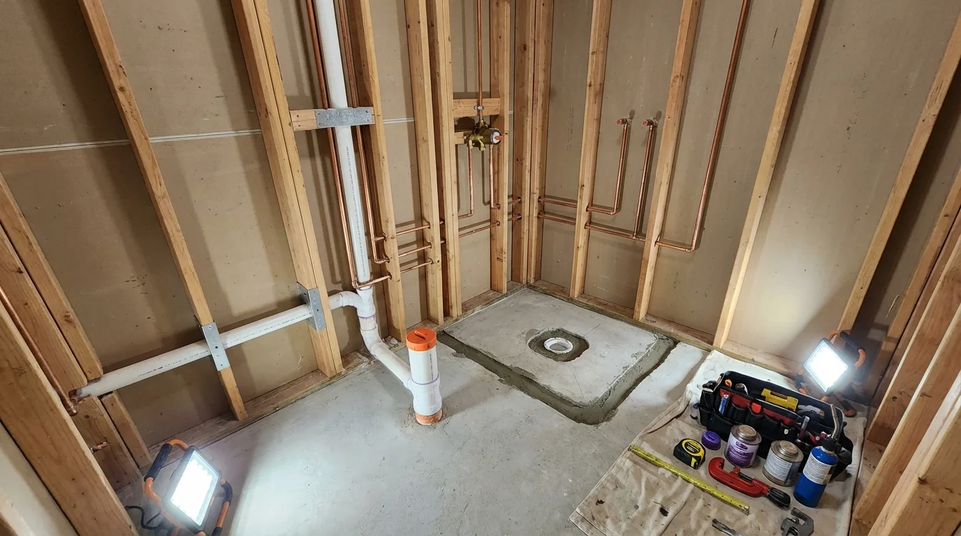 Bathroom rough-in plumbing during remodel by Johns Plumbing LLC in Morganfield