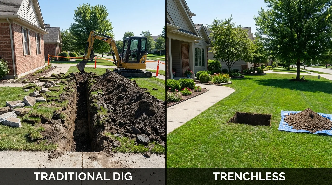 Trenchless sewer repair with minimal yard damage versus traditional excavation in Morganfield, KY