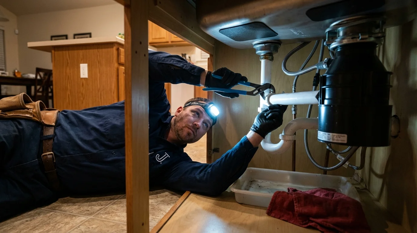 P-trap and supply line connections under a kitchen sink showing a common leak point in Morganfield, KY